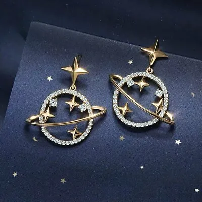 $0.71 • Buy 18K Gold Rhinestone Earrings Stud Dangle Hollow Gold Star Moon Planet Women Gift