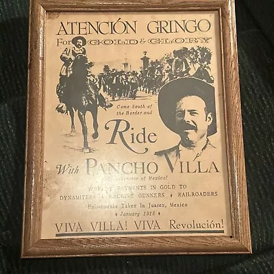 Vintage Atencion Gringo - Ride With Pancho Villa Poster / Broadside Framed • $54.99