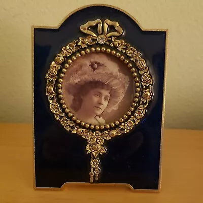 Terragrafics Blue Enamel Brass Rhinestone Flower Wreath Standing Picture Frame • $45