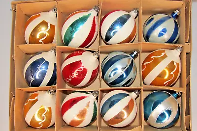 Lot Vintage Blown Glass Striped Large Mica DROP BALL Christmas Ornaments Poland • $135