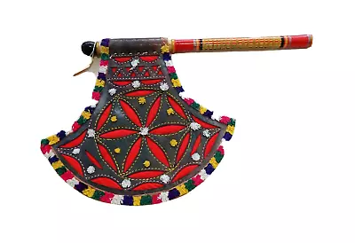 Hand Fan India Vintage Axe Head Leather Kutch Gujarat Peacocks ~ • $80.15