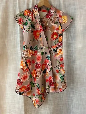 Floral Mandarin Collar Satin Pullover A Symmetrical Asian Style Blouse Top Cap S • $21.95