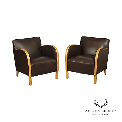 Art Deco Style Pair Of Leather And Maple Club Chairs • $2495