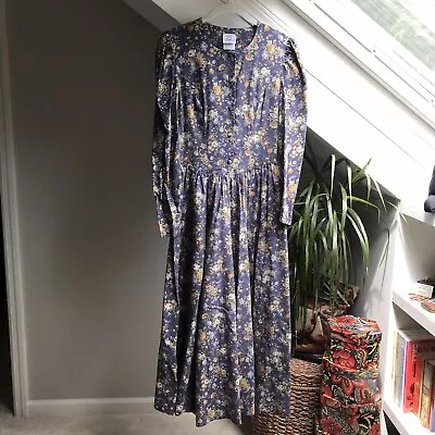 Vintage Blue Laura Ashley Dress UK 10 US 6 Cotton Wool Princess Button Long • $90