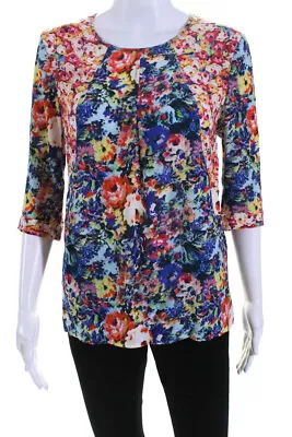 Megan Park Womens Crew Neck Half Sleeve Floral Pleated Blouse Multicolor Size 00 • $34.01