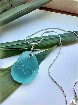 Engraved Inspirational  HOPE  Carib Blue Sea Glass Pendant Snake Chain Necklace • $13.99