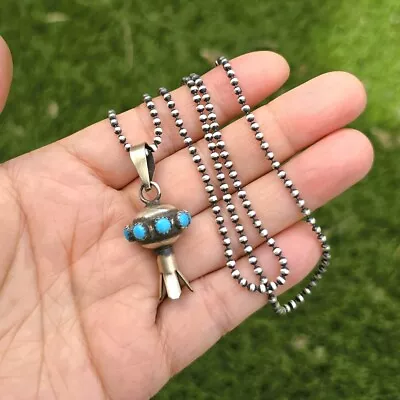 Navajo Sterling Silver Turquoise Small Squash Blossom 22  Ball Chain Necklace • $128