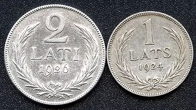 1924 Latvia 1 Lats & 1926 2 Lati Silver Coins (5/10 Grams .835 Silver) • $40.64