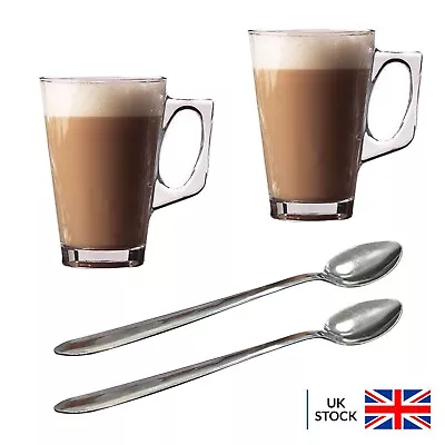 240ml Latte Glasses With Metal Spoons Coffee Mugs Cups Tassimo Gusto Nespresso • £5.99