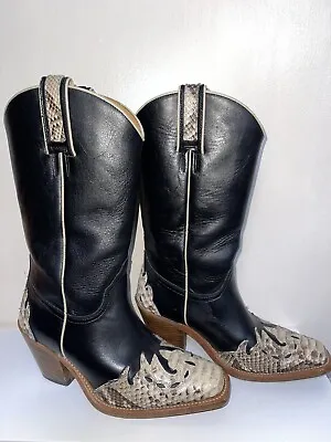 £125 • Buy Black Cream Snakeskin Leather Heeled Cowboy Boots By Sancho 3 Cowgirl Western