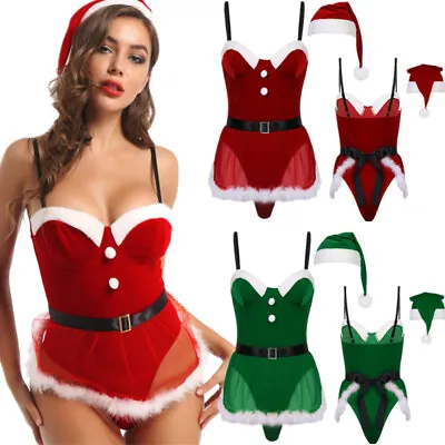 US Womens Mrs Santa Claus Christmas Cosplay Costume Outfit Bodysuit + Apron Hat • $5.63
