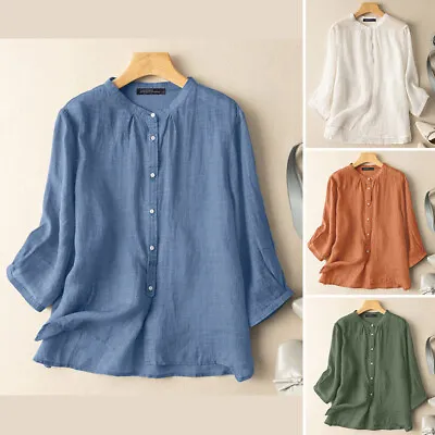 ZANZEA Womens 3/4 Sleeve Collarless Shirts Plain OL Office Cargo Tops Blouse AU • $22.89