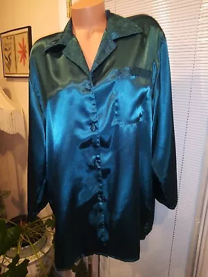 Satin Shiny Deep Teal Button Up Office Gal Blouse Shiny Blue Nightie Blouse 1X • $29