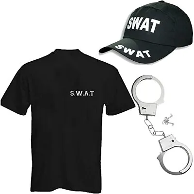 Adult Police SWAT Shirt Cap Handcuff FBI Tactical Military Fancy Dress Costume • £14.95
