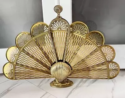 VINTAGE BRASS PEACOCK FOLDING FIREPLACE SCREEN W/ CLAM SHELL FINIAL & BASE 26  H • $116