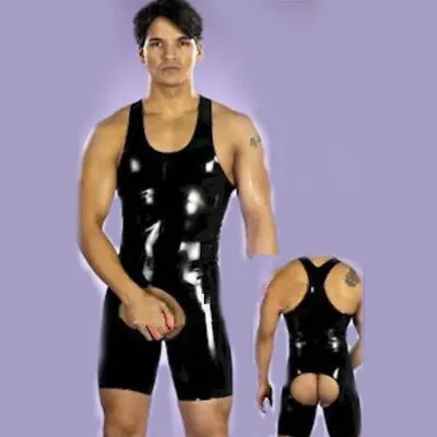 Men Jumpsuit Wet Look Leather Front PVC Zipper Crotchless Catsuit Club Wear • £19.89