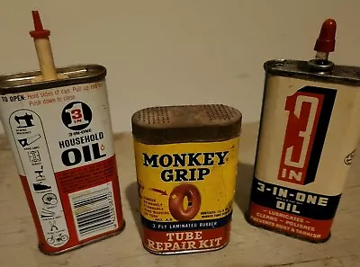 Two Vintage 3-IN-1 HOUSEHOLD OIL Cans-Full And Vintage Monkey Grip Tube Repair  • $35