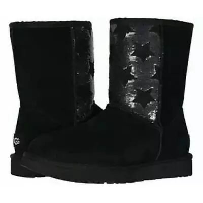 Ugg Classic Short Sequin Stars Sparkle Black Womens Sheepskin Bling Boots SZ 10 • $139.95