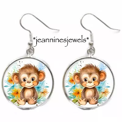 Baby Monkey Earrings Watercolor Flowers Art Print Silver Charm Dangle EARRINGS • $21.99