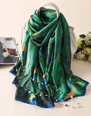 Peacock Feather Silk Scarf Pashmina Headscarf Shawl Headband Bandana Dress Tie • £9.90