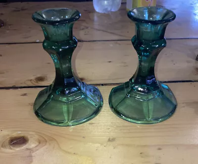 Vintage Green Glass Candle Stick Holder (Set Of 2)—4.5” Tall • $30