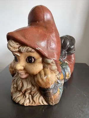 Vintage 1970s Large 13  X 10 1/2” X 6” Hand Painted Ceramic Garden Gnome • $24.95