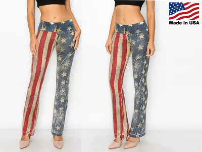 T Party Women's Cotton American Flag Star Stripe Patriot Bootcut Yoga Pants USA • $52