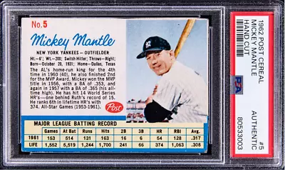 1962 Post Cereal Hand Cut #5 Mickey Mantle Psa Authentic New York Yankees • $89.99