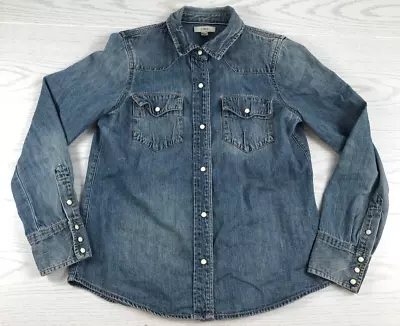 J Crew Pearl Snap Denim Shirt Womens 6 Blue Pockets Long Sleeve 100% Cotton • $20