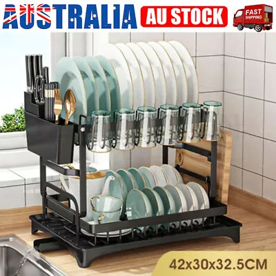 2 Tier Dish Drying Rack Plate Drainer Cutlery Holder Kitchen Organizer Storage • $36.95