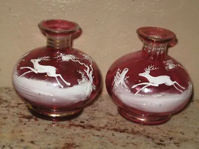 Vintage Cranberry Art Glass- Mary Gregory ? Bud Vases- Deer Stag Woods • $85.44