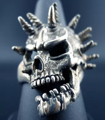 Skull Ring Vintage Biker MC / Heavy Metal Gothic NEW Made In USA Spiked Horned • $120