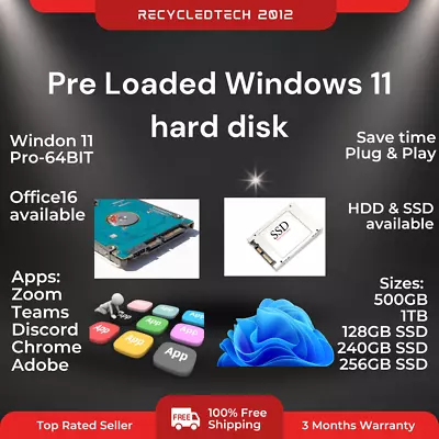 Laptop Hard Drive 240/256/500/750GB/1TB SSD/HDD 2.5 SATA   Win11 +Warranty • £36.99
