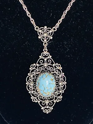 $89.99 • Buy Vintage Sterling Silver DANECRAFT Turquoise Filigree Art Deco Pendant Necklace