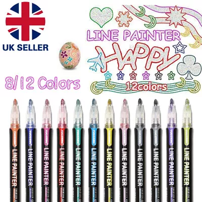 8/12 Colours Outline Marker Pens Outline Pens Metallic Markers Glitter Pens DIY • £4.49