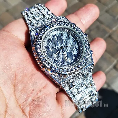 Men Silver Plated Stainless Steel Arabic Simulated Diamond Full Iced Band Watch • $29.99