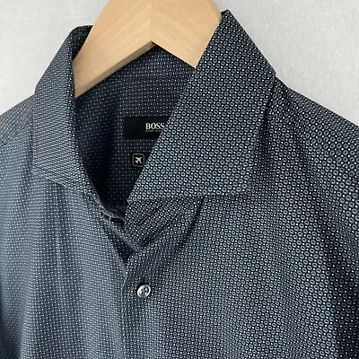 HUGO BOSS Shirt Men 39 15.5 Jason Slim Fit Geometric Button Up Cotton Blue Italy • $38.99