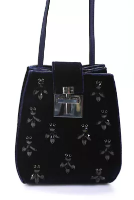 Oscar De La Renta Womens Houston Embellished Velvet Bucket Handbag Navy Blue • $800
