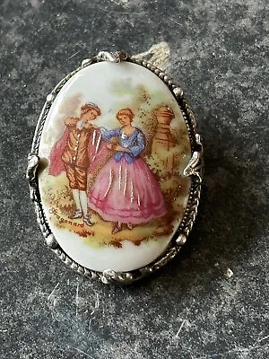 Vintage Limoges Porcelain Brooch In Silver Tone Metal Frame • £15