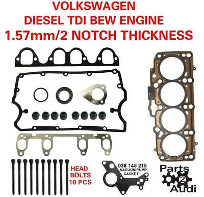$79 • Buy Cylinder Head Gasket Set W Bolts VW TDI Diesel 1.9 BEW Eng. 2 NOTCH 038103383DF