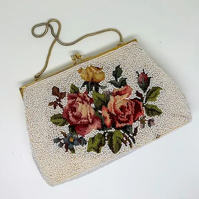 Antique Microbead Floral Embroidered Purse - Seed Bead Needlepoint Roses Bridal • $24.95