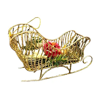 Vintage Gold Glitter Christmas Sleigh Decor Metal 8  Holiday Floral Insert New • $6.98