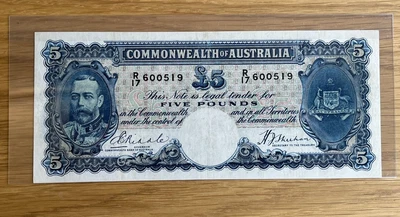 $5749 • Buy 1933 Australian £5 FIVE POUND Banknote  - Riddle Sheehan Prefix R17 White Face