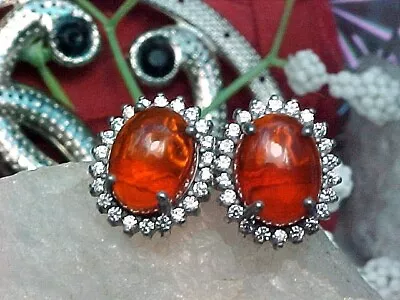 🔥 NATURAL MEXICAN FIRE OPAL EARRINGS AAA+ 9X7mm & WHITE SAPPHIRE 925 SS • $39.99