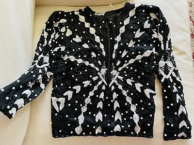 Vintage Sweelo Black White Sequined Embellished Silk Jacket Beaded Sequins 80s • $31.16