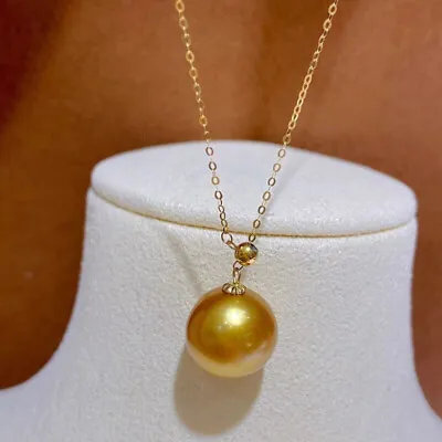 Gorgeous AAA+++ 12-11mm Round South Sea Gold Pearl Pendant Necklace Golden • $49