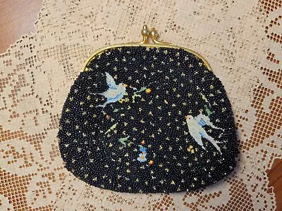 Vintage French Black & Gold Beaded Change Purse Embroidered Birds & Flowers4x4 • $45
