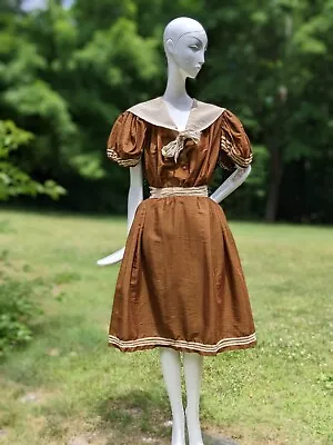 Victorian 19th C 2 Pc Brown & White Batching Suit W Puff Sleeves & Sailor Style • $495