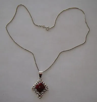 Sterling Silver 18 3/4  Box Link Necklace W Red Stone Pendant 10.44 Grams #Q939 • $19.99