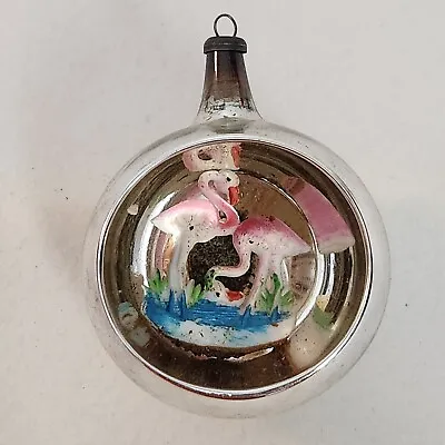 Vintage Hand Blown Glass Silver Diorama Christmas Tree Ball Ornaments FLAMINGO • $19.95